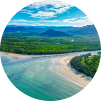 Aerial view of beach and Daintree Rainforest highlighting travel insurance for Australia