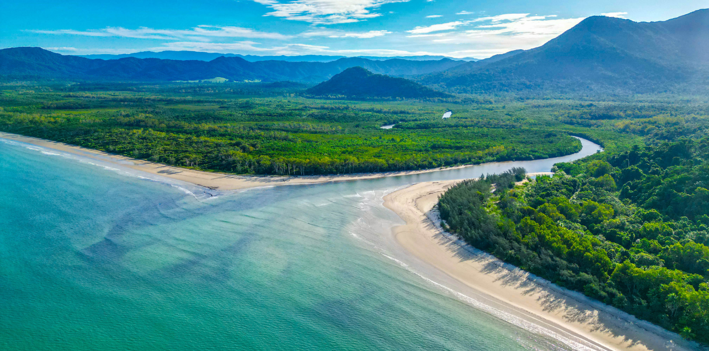 Aerial view of beach and Daintree Rainforest highlighting travel insurance for Australia