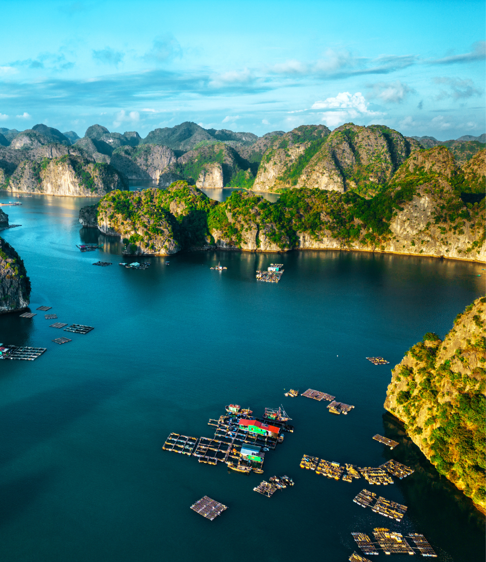 Aerial view of Ha Long Bay with boats and hills highlighting travel insurance for Vietnam trips