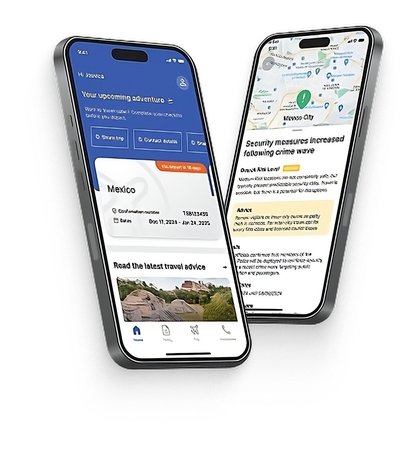 Two smartphones showing screens from our Travelex Travel On app with safety and destination details