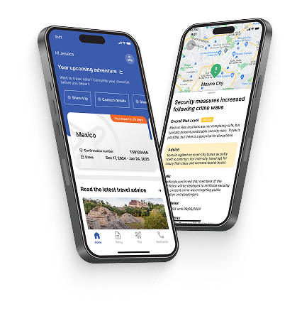 Two smartphones showing screens from our Travelex Travel On app with safety and destination details