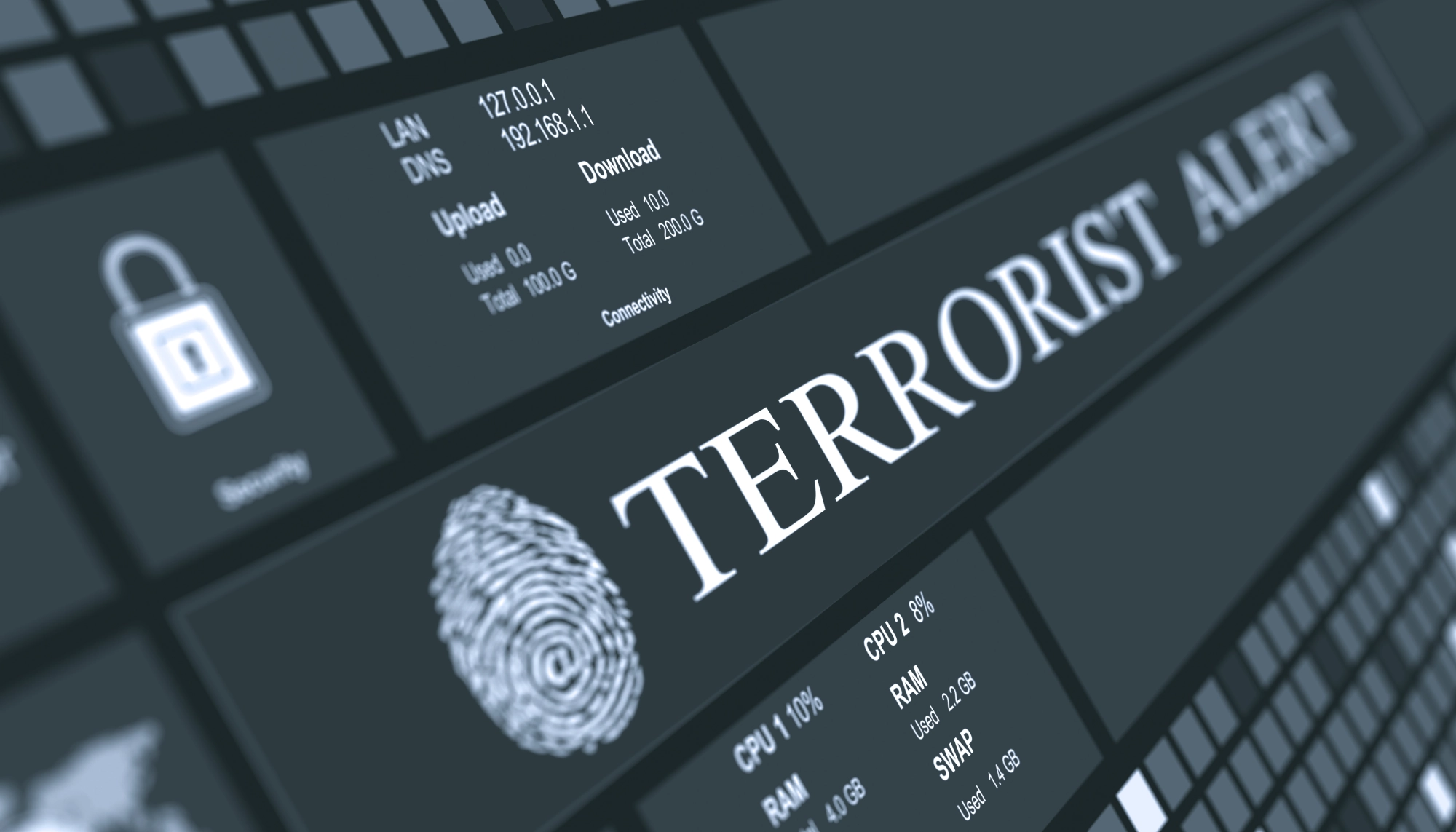 black keyboard with a fingerprint and terrorist alert highlighting the question: "does travel insurance cover wars and terrorism?"