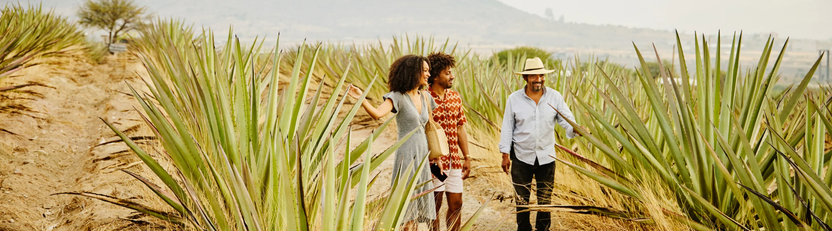 Couple with travel insurance for Mexico touring an agave farm with a farmer