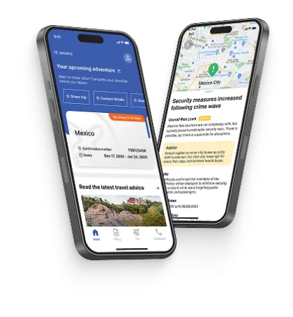 two smartphones showing screens from our Travelex Travel On app with safety and destination details