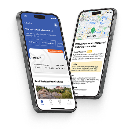 Two smartphones showing screens from our Travelex Travel On app with safety and destination details