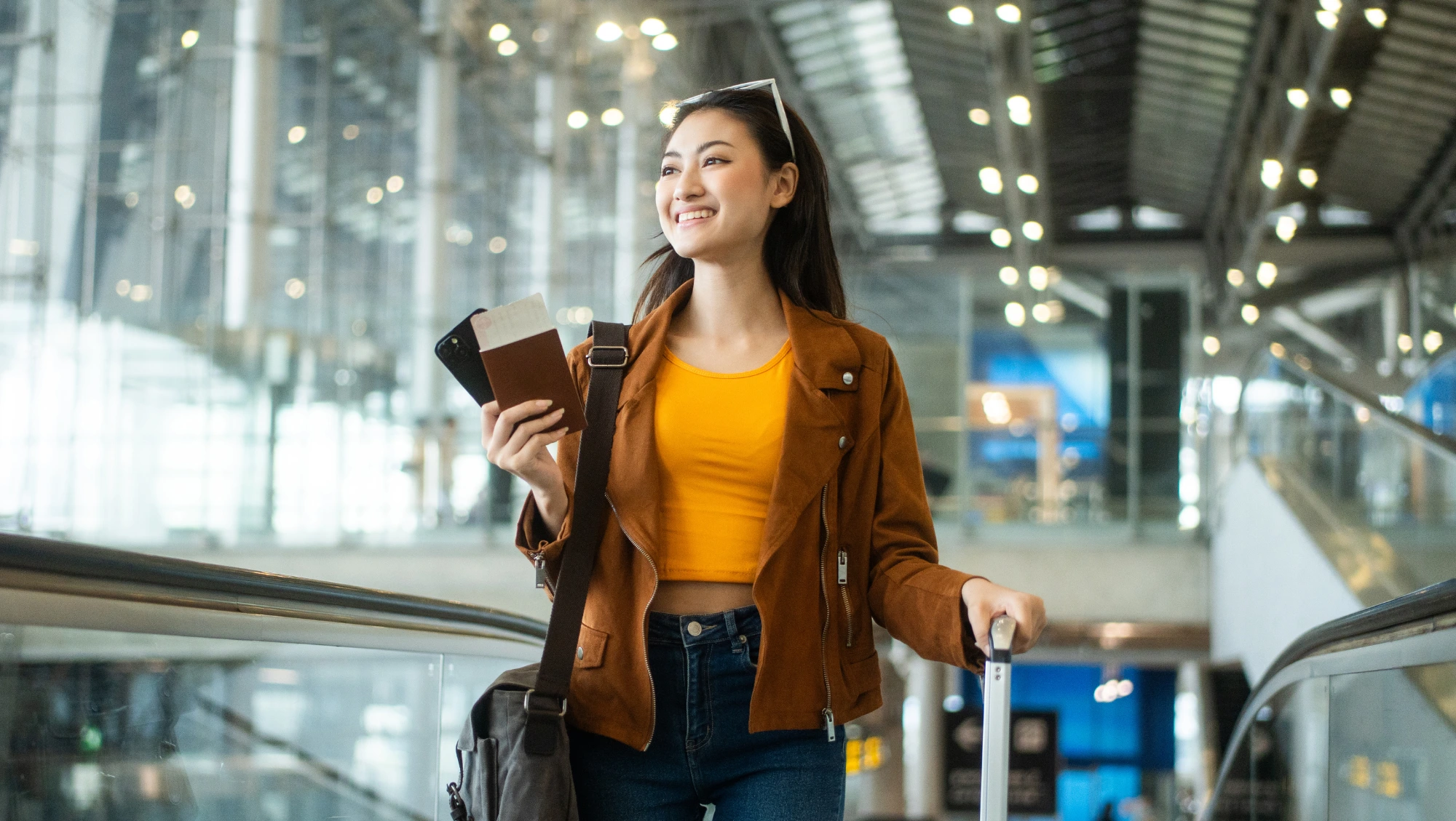 a woman smiles at the airport, holding her travel documents and luggage, hoping not to lose her passport on vacation