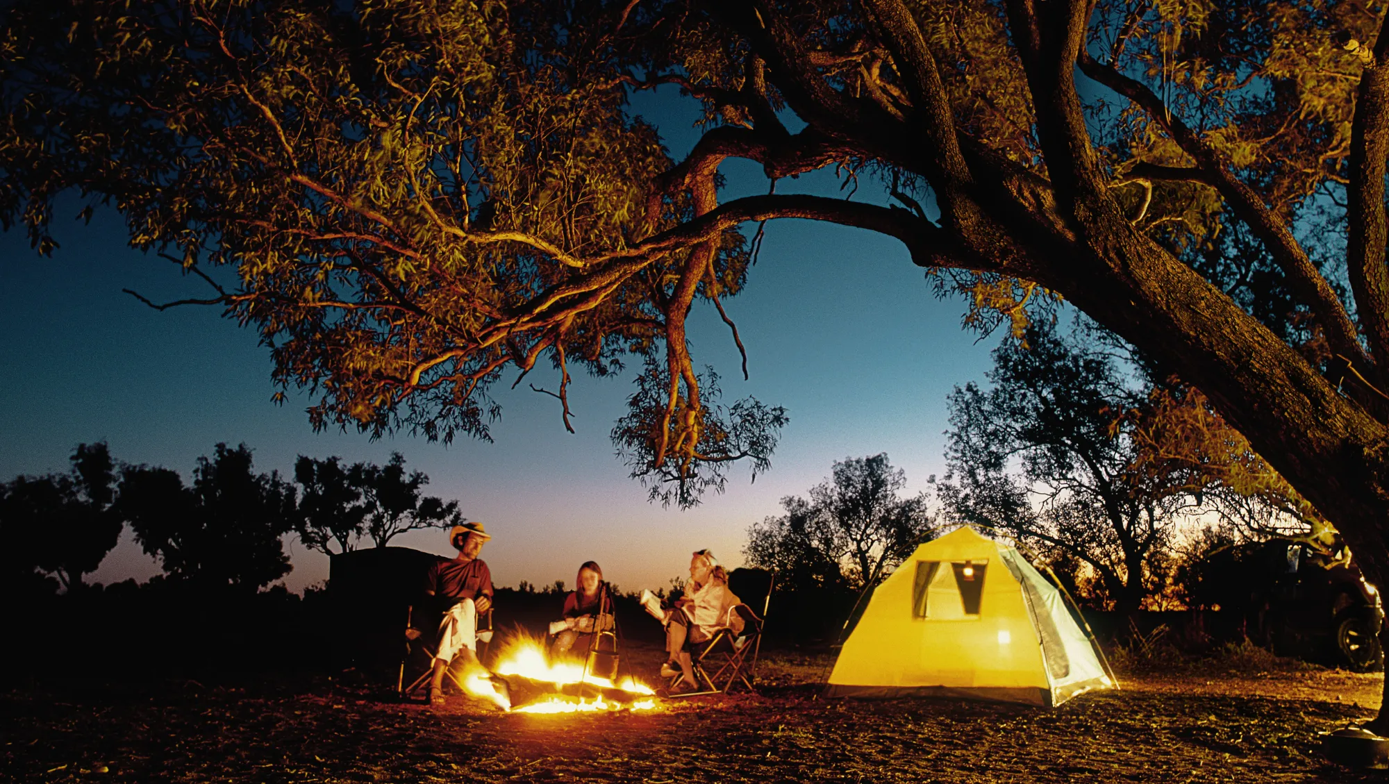 a family of campers relaxes around a campfire under trees after reading our wildfire safety tips 
