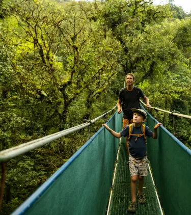 a father and son cross a suspension bridge in a tropical rainforest, insured with travel insurance for Costa Rica 