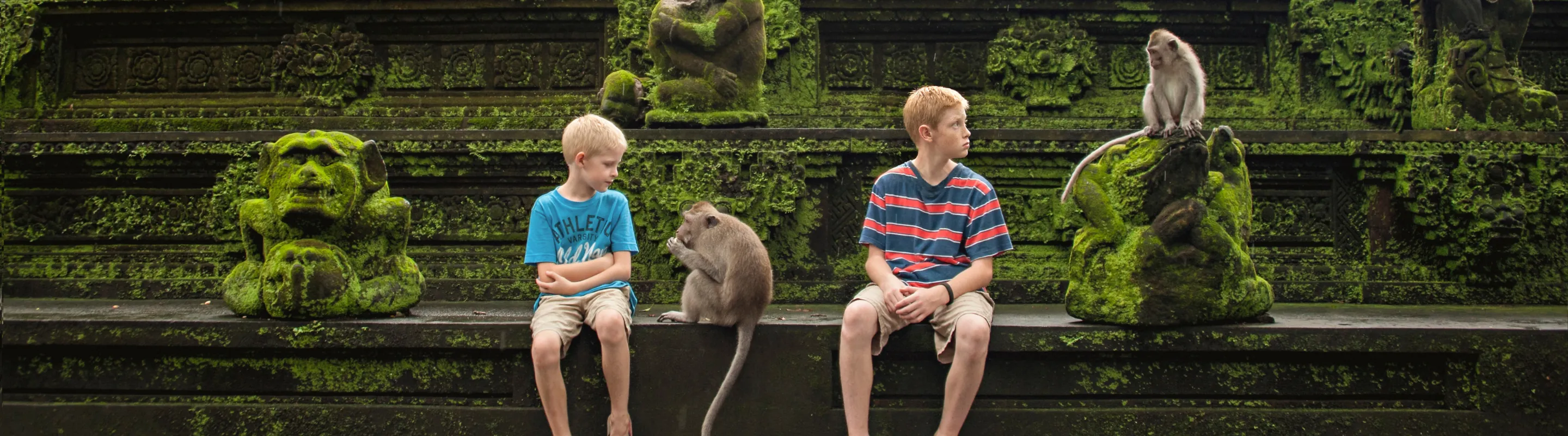 two young boys sit beside monkeys at a temple, insured with travel insurance for Bali