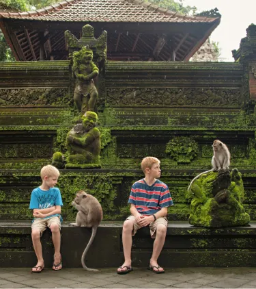 two young boys sit beside monkeys at a temple, insured with travel insurance for Bali