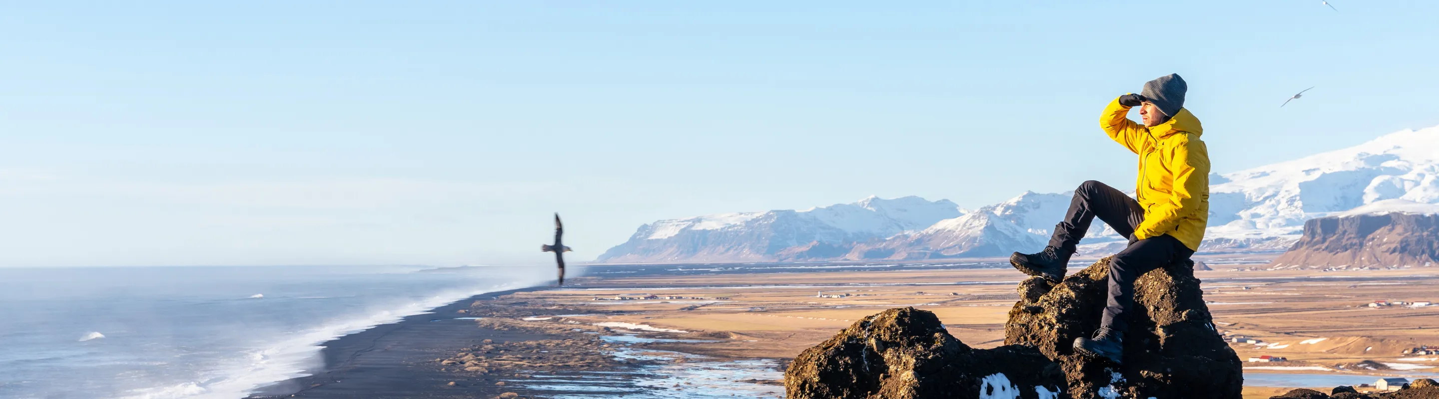 a man in a yellow jacket overlooks a black sand beach, insured with travel insurance for Iceland 